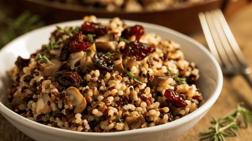 A dish containing quinoa and wild rice stuffing with roasted chopped up mushrooms and dried cranberries. It's served in a white bowl and garnished with fresh herbs. The background is a wooden surface. There is a fork placed beside the bowl. The lighting is warm.