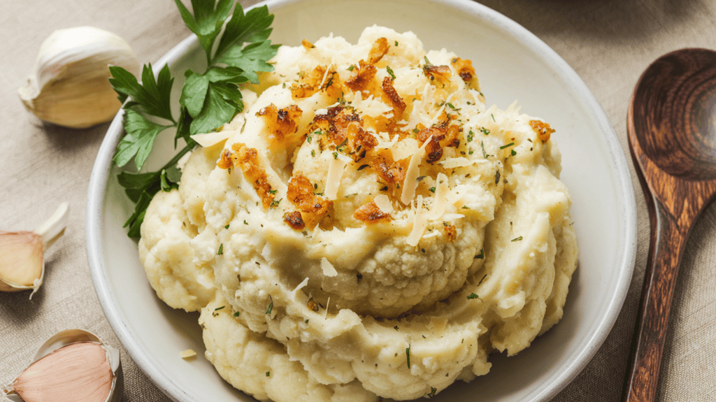 A dish containing garlic parmesan mashed cauliflower. The mashed cauliflower has a creamy white base with golden brown garlic bits and parmesan cheese sprinkled on top. A few whole garlic cloves and fresh parsley are placed on the side of the dish. The dish is served on a white plate. There's a wooden spoon beside the dish. The background is a beige linen.
