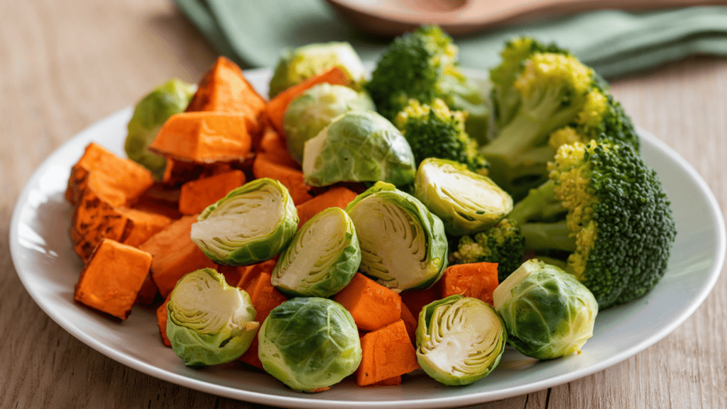 Air-fried vegetables: Brussels sprouts, sweet potato chunks, and broccoli florets. The vegetables are golden brown and crispy. They are arranged on a white plate. In the background, there is a wooden spoon and a green napkin. The plate is sitting on a wooden surface.