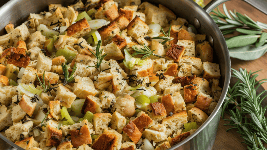 A large bowl of gluten-free stuffing. The stuffing is made with bread, onions, celery, and herbs. It is cooked in a pot and has a golden-brown color. There are fresh herbs like rosemary and sage on the side. The background is a wooden surface.