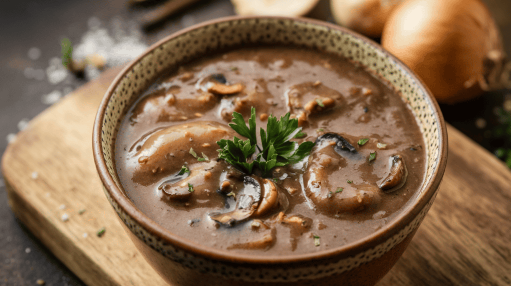 A bowl of blended mushroom gravy. The gravy is a deep brown color and has a few mushrooms floating in it. There are also some herbs and spices visible on the surface. The bowl is placed on a wooden board. There is a sprinkle of fresh parsley on top of the gravy. The background is blurred and consists of a few ingredients, such as onions and garlic.