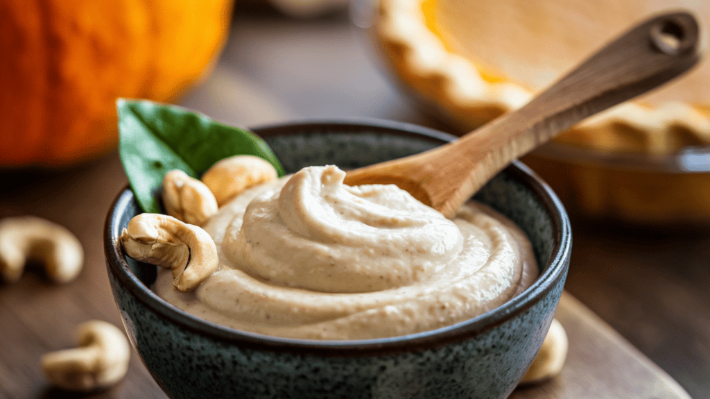 A bowl of cashew cream with a wooden spoon. The cashew cream is smooth and light beige in color. There are some cashews in the bowl. The bowl is on a wooden surface. There's a green leaf in the bowl. The background is blurred and contains a few ingredients, such as a pumpkin and a pie.