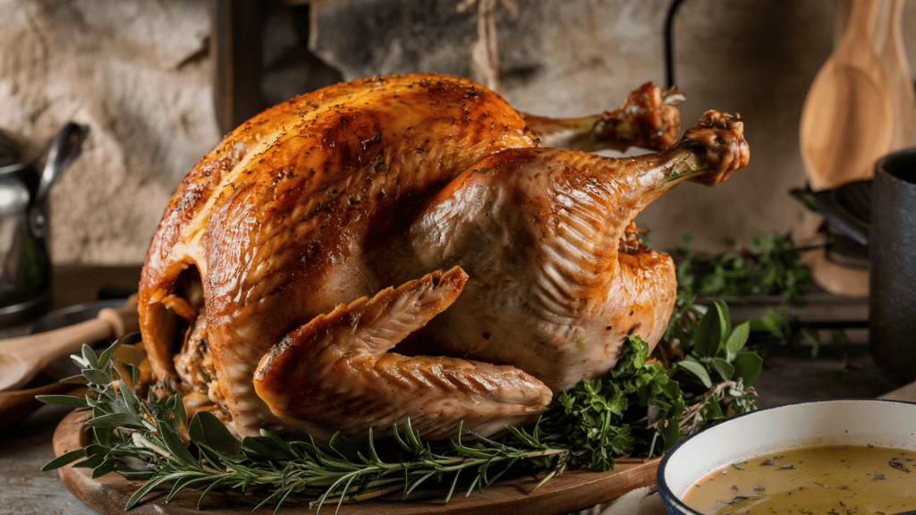 An herb-butter roasted turkey with a golden-brown skin. The turkey is placed on a wooden board and is surrounded by fresh herbs. There is a dish of gravy beside the turkey. The background is a rustic setting with stone walls and a few items such as a pot and a wooden spoon.