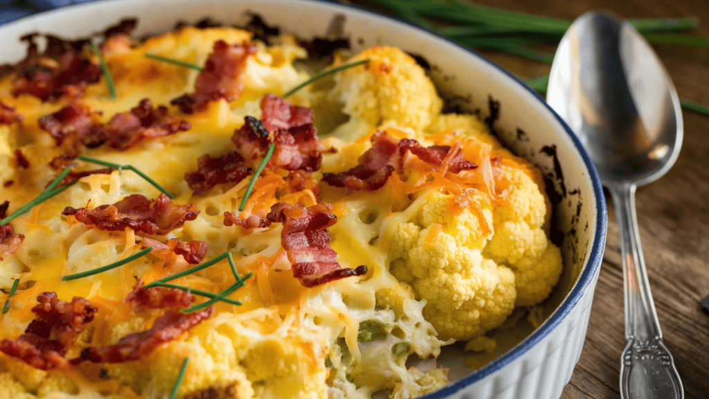 A loaded cauliflower casserole with gooey cheese, bacon, and chives. The casserole is in a white dish with a serving spoon beside it. There are fresh chives on top of the casserole. The background is a wooden surface. The lighting is warm.