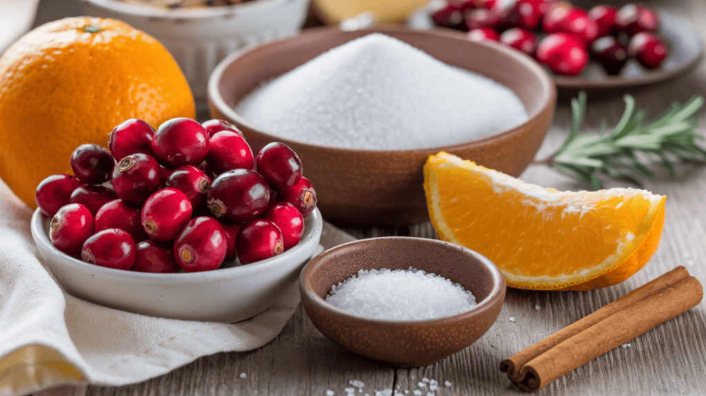 Fresh cranberries, an orange with its peel, a bowl of granulated sugar, and a small bowl of salt ready for a cranberry relish recipe. The cranberries and orange are bright red and orange, respectively. The sugar and salt are white and are placed in bowls. The setting is a wooden table with a beige cloth. There is a sprig of rosemary and a cinnamon stick next to the orange. The background is blurred and contains more ingredients.
