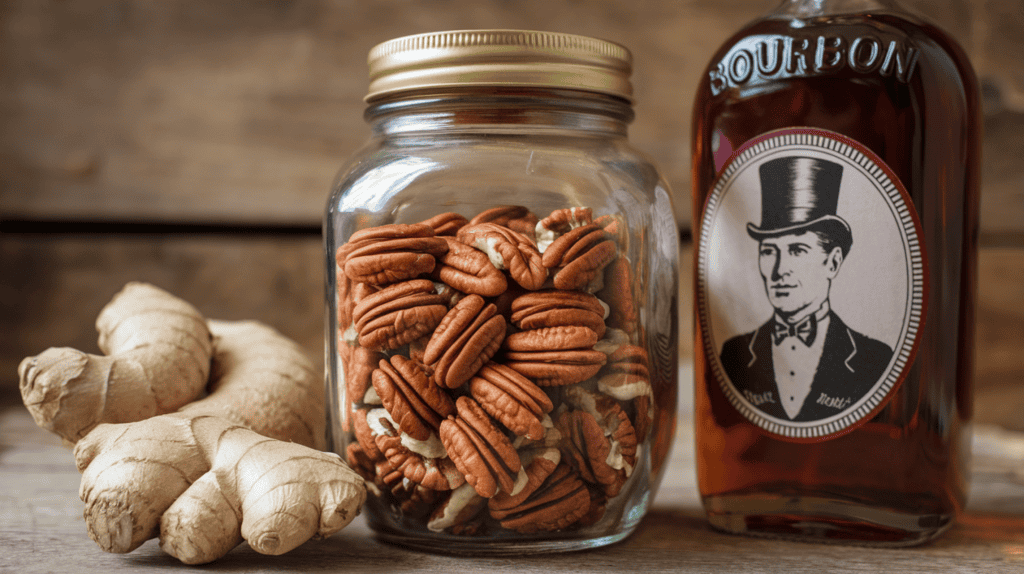 A glass jar filled with pecans. Next to the jar, there's a piece of ginger and a bottle of bourbon. The bourbon bottle has a label with a man wearing a bowtie and a top hat. The background is a wooden surface.