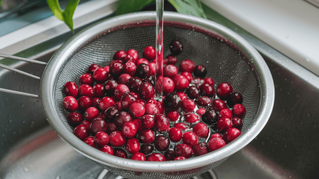 A bowl of fresh cranberries being rinsed in a kitchen sink. The cranberries are a deep red color and are being washed under running water. There is a strainer over the sink to catch the cranberries. The background contains a green plant and a white surface.