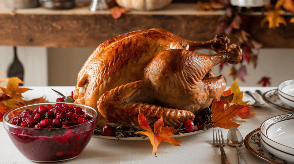 A gorgeous, delicious-looking roasted turkey on a table for Thanksgiving. The turkey is golden brown and has a crispy skin. Next to the turkey is a bowl of cranberry relish with a deep red color and a glossy finish. The table has a white tablecloth and is adorned with fall leaves. There are silverware and dishes next to the turkey. The background has a rustic feel with a wooden beam and a few items.