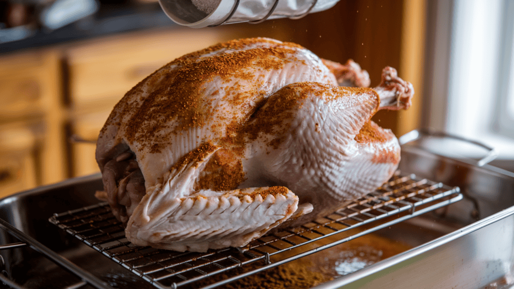 A turkey being dry brined for a dry brine turkey recipe. The turkey is placed on a roasting rack in a roasting pan. It is being coated with a mixture of salt, sugar, and spices. The turkey is surrounded by the remaining mixture. The background is a kitchen with wooden cabinets and a window.
