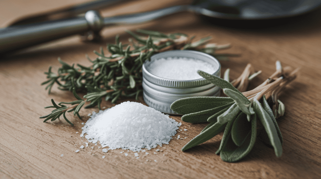 A small pile of white salt, thyme, rosemary, and sage sitting next to each other as ingredients. The salt is in a small container. The thyme, rosemary, and sage are whole sprigs. The background is a wooden surface with a few cooking utensils.