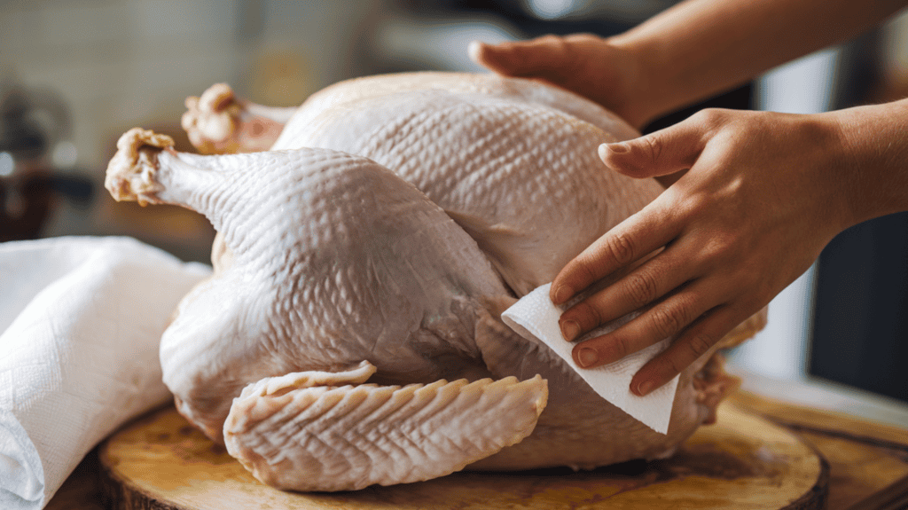 Patting a raw turkey completely dry with paper towels to prepare it for a dry brine. The turkey is shown on a wooden board. There are paper towels beside the turkey. The background is a kitchen.