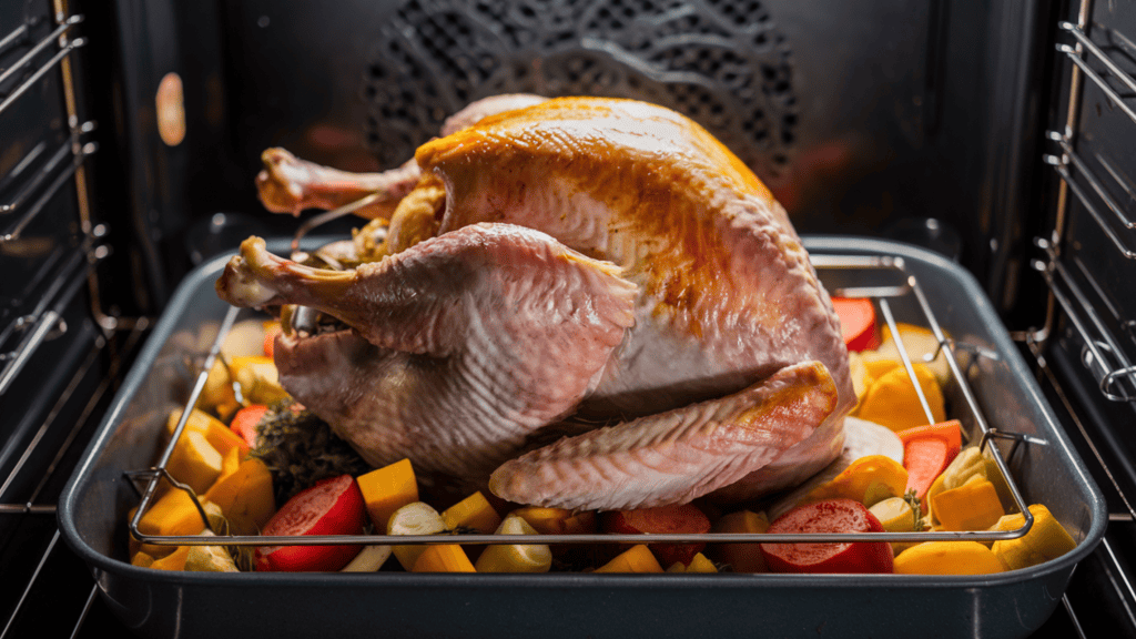 A dry brined turkey cooking in an oven. The turkey is placed on a rack in a roasting pan. The pan is surrounded by chopped vegetables, which will help to keep the turkey moist by adding moisture to the oven. The turkey has a golden brown skin and a slightly pinkish hue. The background is a kitchen with a few cooking utensils.