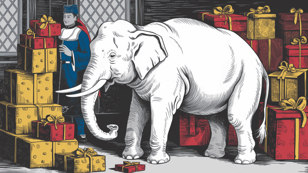 A historical illustration of a white elephant standing in a room, surrounded by gifts. The gifts are wrapped in gold and red cloth and are placed on the ground. There is a man in traditional attire standing beside the elephant. The background contains a window with a patterned curtain.