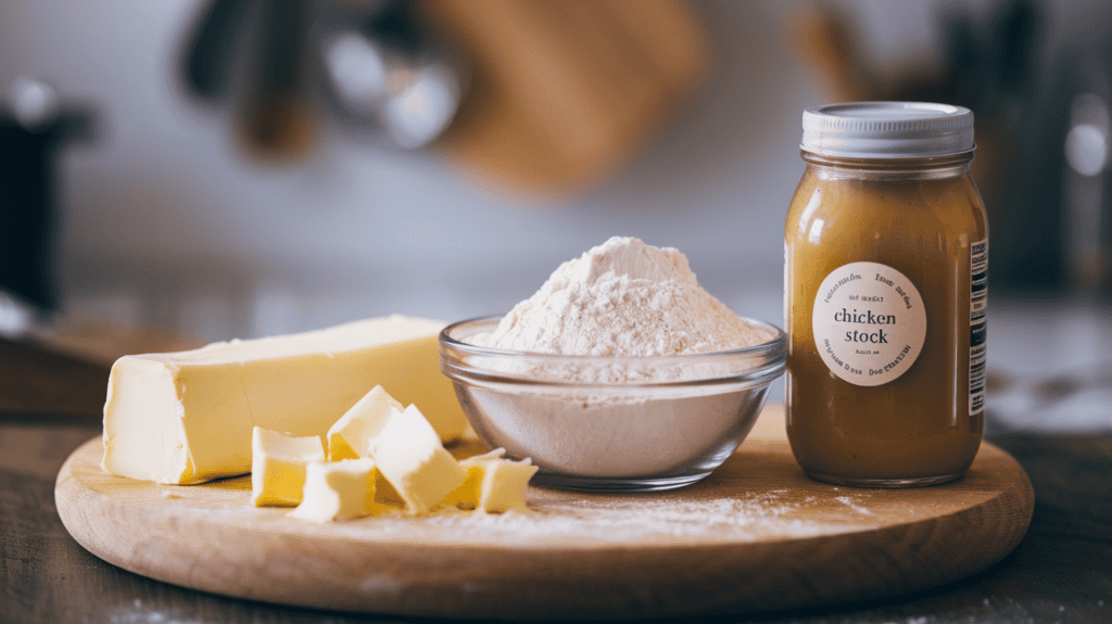 A wooden board with a butter, flour, and stock ingredients for an easy gravy recipe. There's a stick of butter, a small bowl of flour, and a jar of chicken stock. The butter is cut into small pieces and the flour is slightly wet. The jar of stock has a label. The background is blurred, showing a kitchen with utensils.