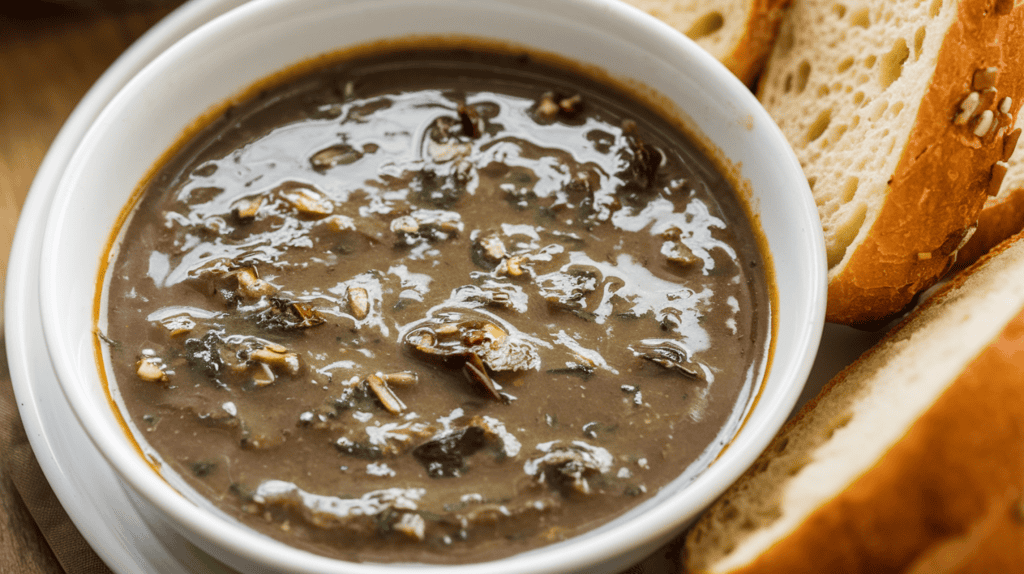 A delicious herb-infused gravy. The gravy is a rich, dark brown color with a few pieces of herbs visible. The gravy is served in a white bowl and is accompanied by a few slices of bread. The background is a wooden surface.