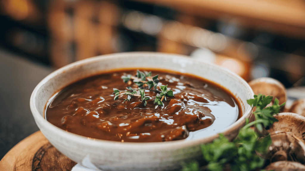 A rich, darker gravy with a glossy sheen. The gravy has a deep, dark brown color and is thick, with a glossy sheen. The gravy is served in a white bowl, garnished with fresh thyme and parsley. The bowl is placed on a wooden board. There are cooked mushrooms beside the bowl. The background is blurred, showing a kitchen with wooden counters and cabinets.