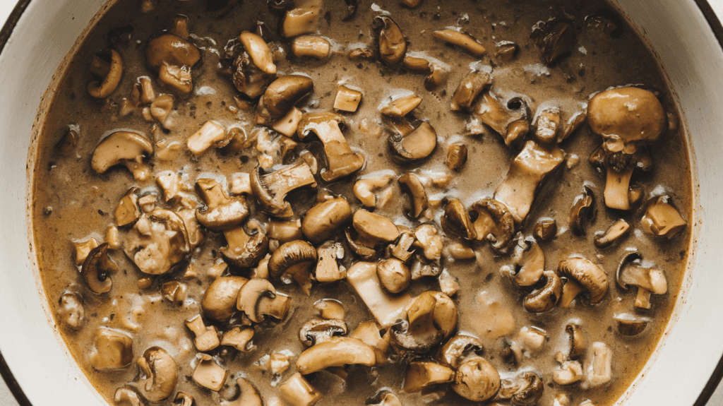 A delicious mushroom gravy with small bits of mushrooms that have been finely chopped. The gravy is served in a white dish and has a rich, creamy texture. The mushrooms are visible in the gravy, and they have a brown colour. The background is simple and clean.