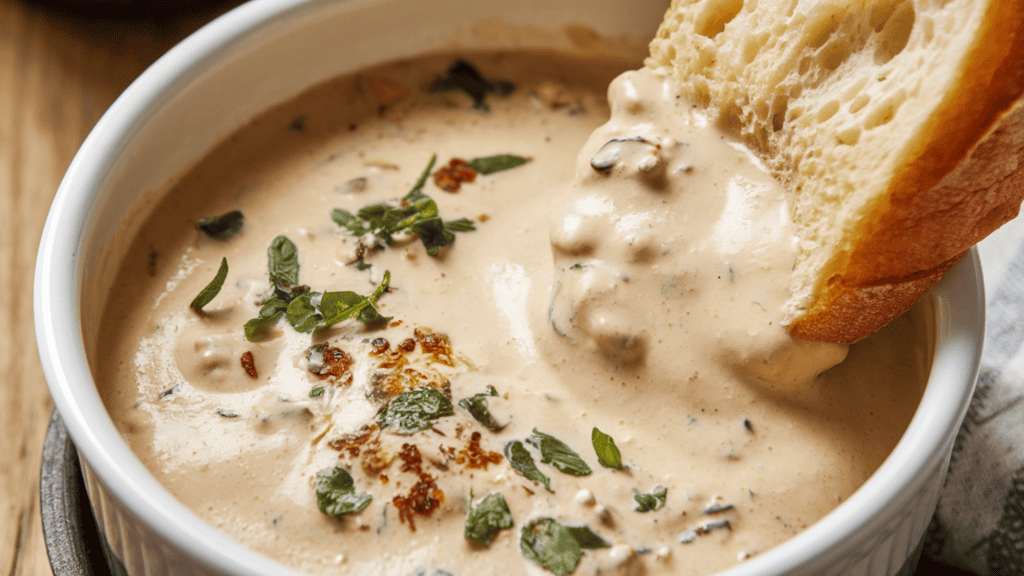 A delicious cream-based gravy that looks good enough to eat. The gravy is a rich, golden color and is served in a white bowl. There is a piece of bread dipped in the gravy on the side. The background is a wooden surface.