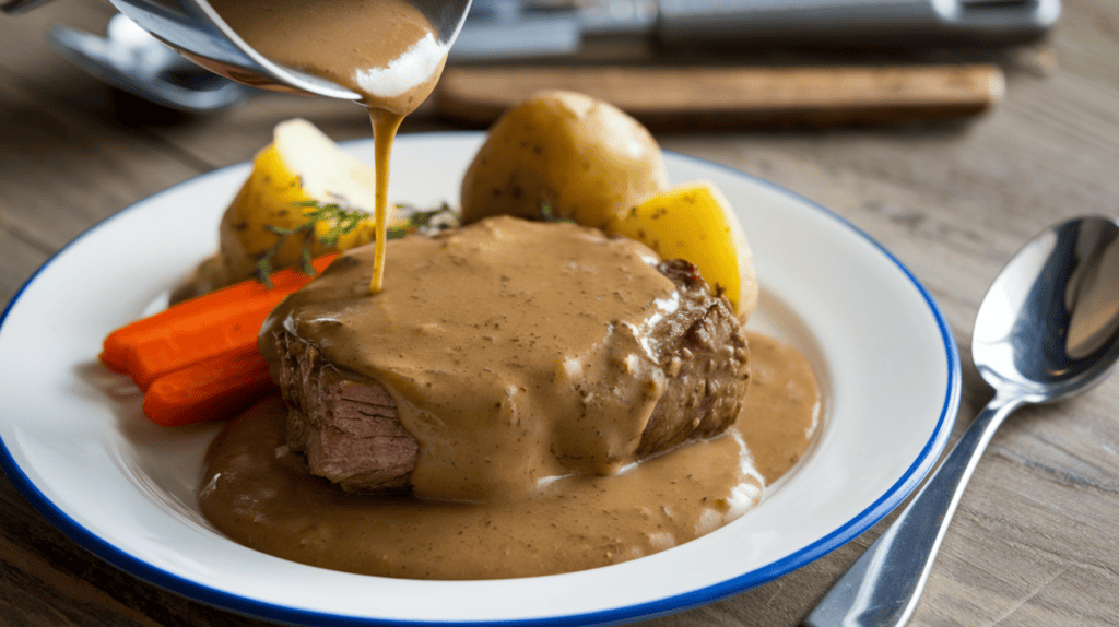 A plate of delicious gravy served alongside trimmings. There's a piece of meat with a few vegetables, such as carrots and potatoes. The gravy is poured over the meat and vegetables. There's a spoon next to the plate. The background is a wooden surface with a few utensils.