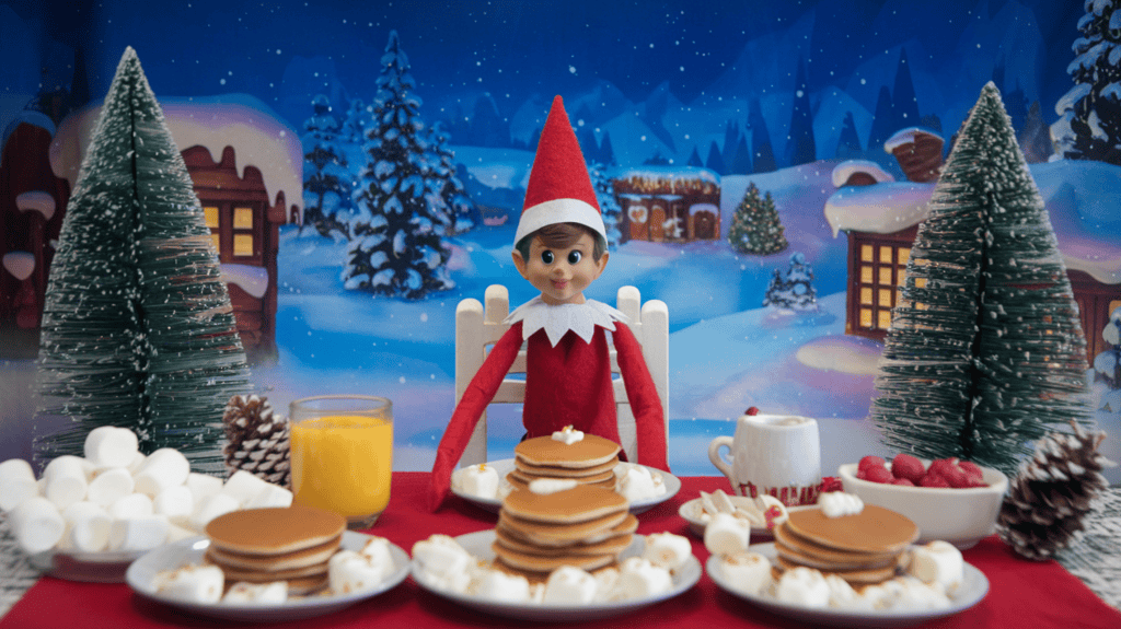 An Elf on the Shelf elf sitting at the North Pole in a breakfast scene. The elf is wearing a red outfit and a red hat. He is sitting at a table laden with miniature pancakes, marshmallow snow, and other breakfast items. The background is a snowy landscape with Christmas trees and buildings. The overall scene has a festive atmosphere.
