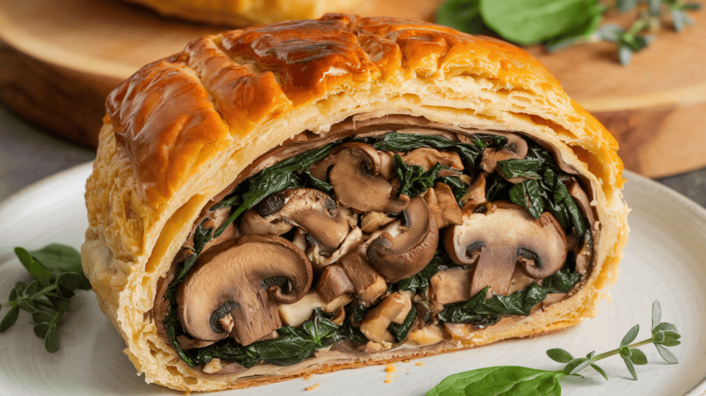 A Mushroom & Spinach Wellington with a golden brown, flaky crust. The Wellington is sliced open to reveal a mixture of chopped portobello, shiitake, and cremini mushrooms and spinach. The mushrooms are indistinguishable. The mushrooms are cooked to perfection, with a rich, earthy flavor. The spinach is cooked until tender, providing a healthy and nutritious element to the dish. The Wellington is served on a white plate, with a few fresh herbs scattered on top. The background is a wooden board with a few more herbs.