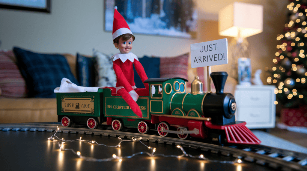 An Elf on the Shelf elf riding in on a toy train with a "Just arrived!" sign. The elf is wearing a red sweater and a red hat. The train track is wrapped with a tiny string of mini lights. The background is a living room with a couch, a lamp, and a Christmas tree.