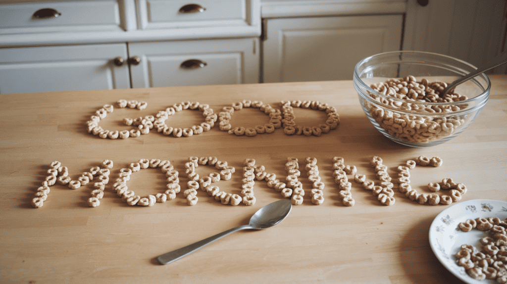 A cereal art message made out of Cheerios on the kitchen table. The message says "Good Morning". There's a bowl of Cheerios, a spoon, and a plate with a few Cheerios on the table. The background is a kitchen with white cabinets and a countertop.