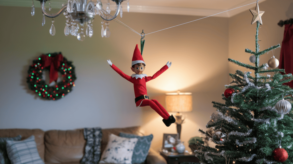 An elf on the shelf elf zip-lining from the chandelier to the Christmas tree. The elf is wearing a red sweater and a red hat. The string is clear. The background is a living room with a couch, a lamp, and a wreath on the wall. There are ornaments and a star on top of the Christmas tree.