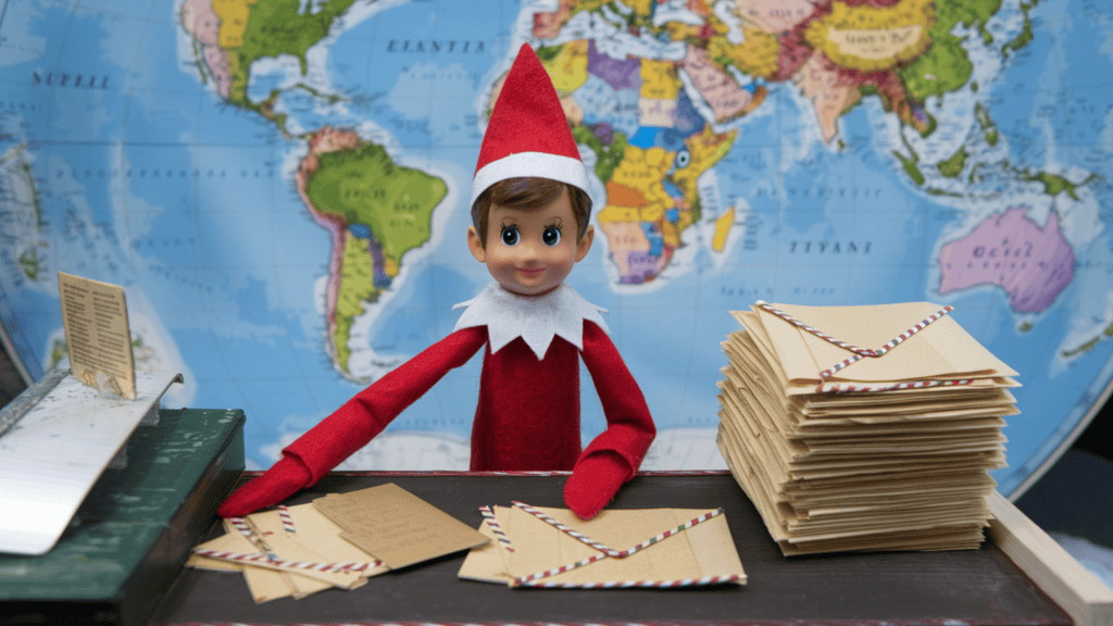 An elf on the shelf elf in a tiny North Pole post office. The elf is wearing a red sweater and a red hat. There's a stack of tiny aged paper on the desk and tiny envelopes made from washi tape. The background contains a world map.