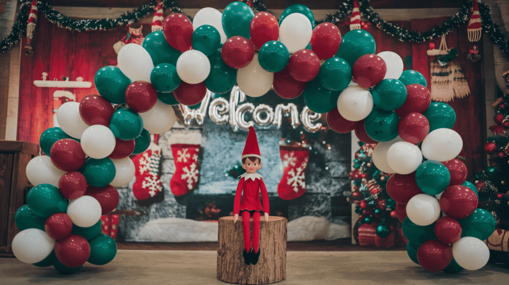 An elf on the shelf elf under an elaborate balloon arch welcome display. The elf is wearing a red sweater and a red hat. The elf is sitting on a wooden stump. The background is a festive setting with Christmas decorations, including a tree, stockings, and ornaments.