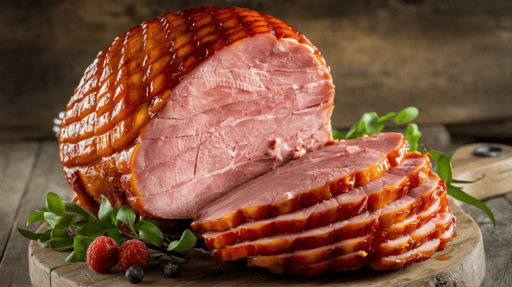 A delicious honey-glazed ham. The ham is placed on a wooden board and is sliced into. The ham has a golden-brown glaze with a hint of orange. There are fresh green leaves and berries on the side. The background is a rustic, wooden surface.