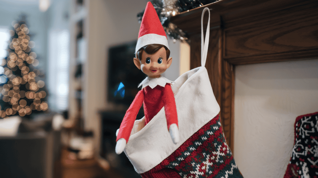 An elf on the shelf elf peeking adorably out of a stocking. The elf is wearing a red sweater and a red hat. The background is a living room with a Christmas tree and other decorations.