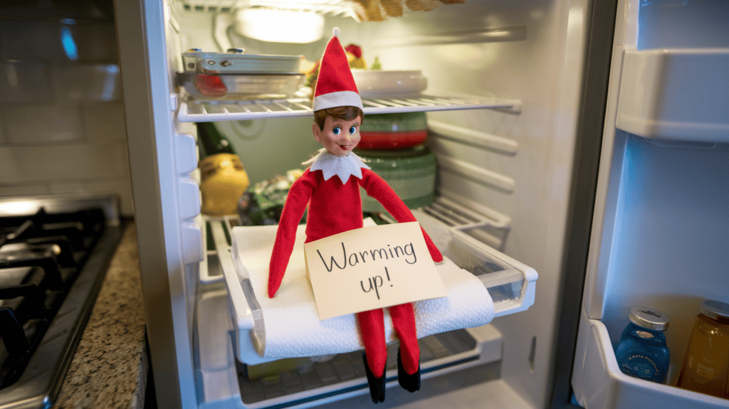 An elf on the shelf elf sitting in the refrigerator on a paper towel with a "Warming up!" note. The elf is wearing a red sweater and a red hat. The refrigerator door is open and there are other items in the fridge. The background is a kitchen with a stove and a sink.
