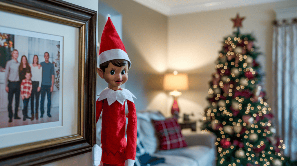 An elf on the shelf elf wearing a red sweater and a red hat. The elf is peeking out from behind a framed family photo. The background is a living room with a couch, a lamp, and a Christmas tree. The tree has red and gold ornaments and a star on top.