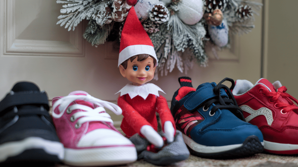An elf on the shelf elf nestled in the kids' shoes by the door. The elf is wearing a red sweater and a red hat. The background contains a decorative wreath.