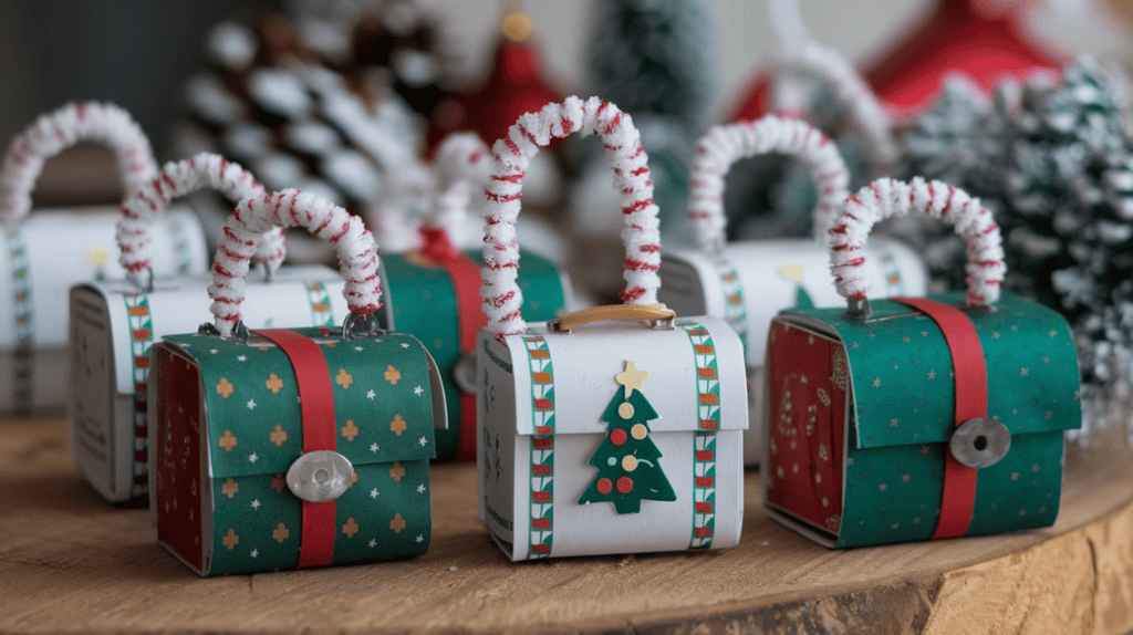 A collection of handmade Mini suitcases made of small matchboxes. Each suitcase is covered with festive Christmas paper and has a little pipe cleaner handle. The suitcases are placed on a wooden surface. The background is blurred and contains more suitcases and Christmas decorations.