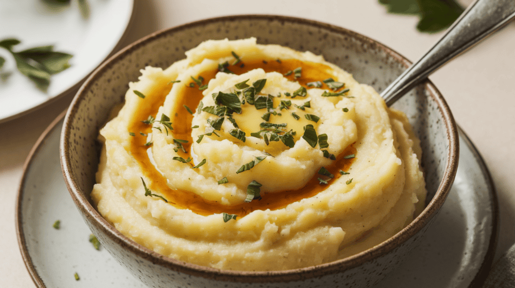 A bowl of creamy brown butter mashed potatoes. The potatoes are topped with a sprinkling of chopped parsley and a drizzle of melted butter. There's a spoon in the bowl. The background is simple, with a white plate and a few green leaves. The lighting is soft.