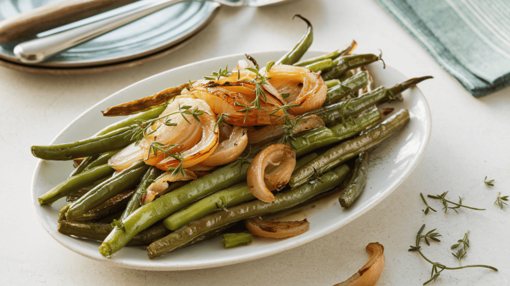 A dish of roasted green beans with caramelized shallots. The green beans are golden brown and slightly charred, while the shallots are soft and sweet. The dish is garnished with fresh herbs. The beans are served on a white plate, with a few beans scattered on the side. The background is minimalistic, with a few utensils and a napkin.