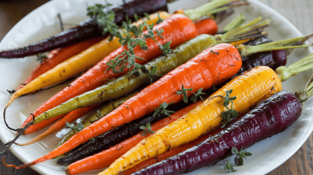 A white plate filled with roasted rainbow carrots. There are orange, yellow, green, and purple carrots. The carrots are slightly charred and have a glossy finish. There is a sprinkle of fresh herbs on top. The background is a wooden surface.