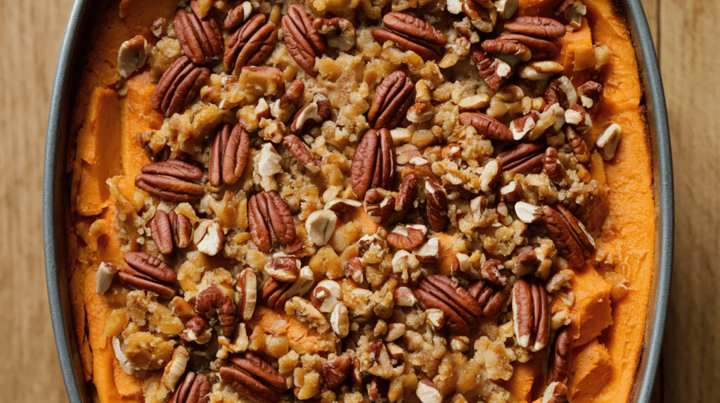 A sweet potato casserole with a pecan streusel topping in a baking dish. The casserole is golden brown on top and has a crumbly, pecan-filled topping. The background is a wooden surface.