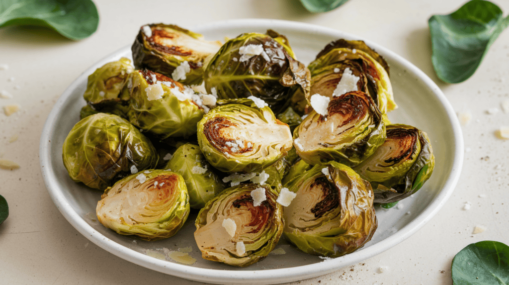 Roasted Brussel sprouts that are crispy on the outside and tender inside, seasoned with olive oil, salt, and pepper. The sprouts are placed on a white plate and are garnished with grated Parmesan cheese. The background is simple and clean, with a few leaves scattered around the sprouts.