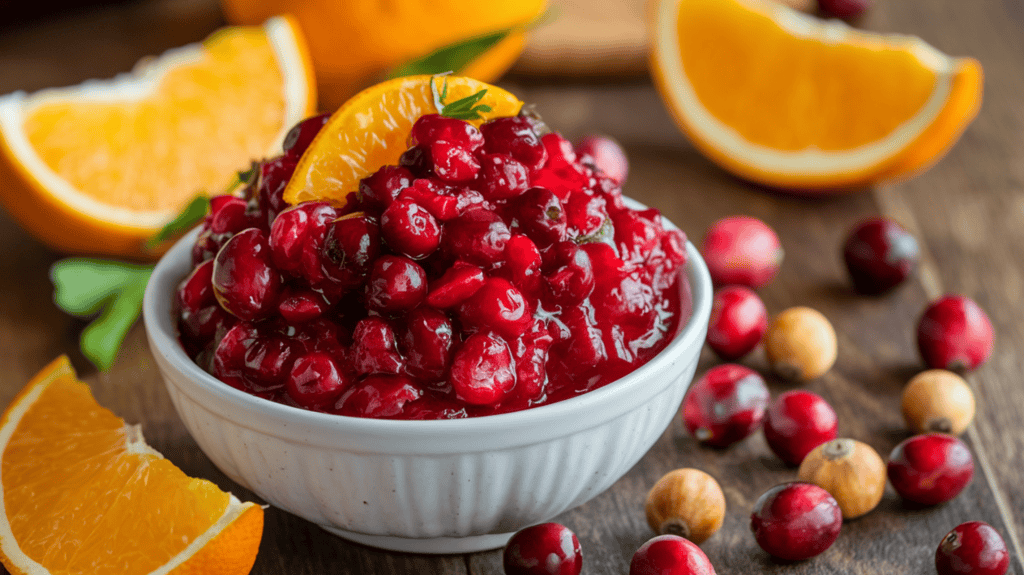 A delicious cranberry-orange relish. The relish is a bright red color. It is served in a white bowl. There are fresh cranberries and orange slices scattered on the table next to the bowl. The background is a wooden table.