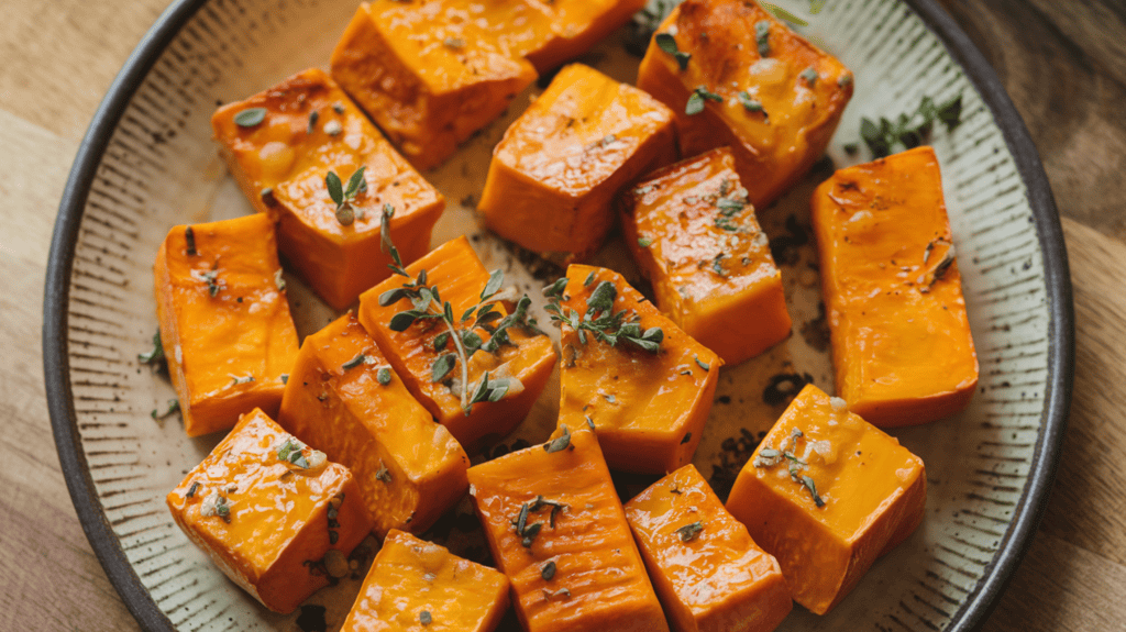 A dish with roasted butternut squash. The squash is cut into 1-inch cubes that are exactly the same size and has a golden brown glaze. It is served on a plate with a sprinkle of fresh herbs. The background is a wooden board.