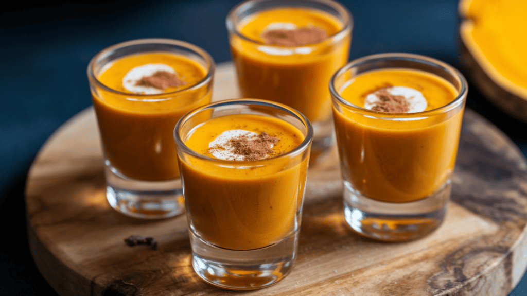 Roasted Butternut Squash Soup Shooters served in little shot glasses. Each shot glass is filled with a golden, creamy soup. The soup has a smooth texture and is topped with a sprinkle of cinnamon. There are four shot glasses on a wooden board. The background is dark.
