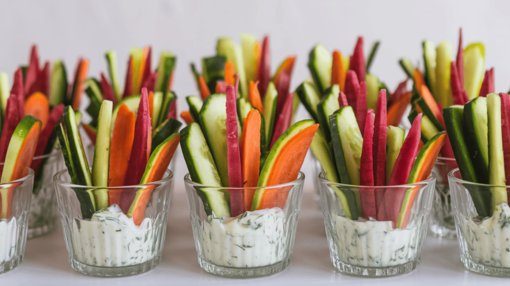 Fresh veggie cups with thinly sliced cucumbers, rainbow carrots, and watermelon radishes arranged in small glass cups. Each cup has a dollop of herbed Greek yogurt dip at the bottom. The overall presentation is simple and elegant, with the vegetables standing upright in the cups.