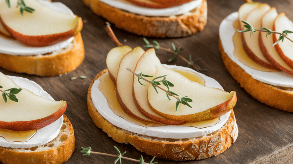 Pear and brie crostini. The pears are thinly sliced and arranged on toasted baguette rounds. There is a smear of brie cheese on each round. The pears are drizzled with honey. There are fresh thyme leaves sprinkled on top. The background is a wooden surface.