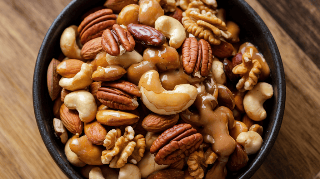 A bowl of mixed nuts with a maple syrup glaze that has been evenly incorporated and mixed with all the nuts. The nuts include almonds, cashews, pecans, and walnuts. The nuts and fruits are coated in a sticky, golden-brown glaze. The bowl is placed on a wooden surface.