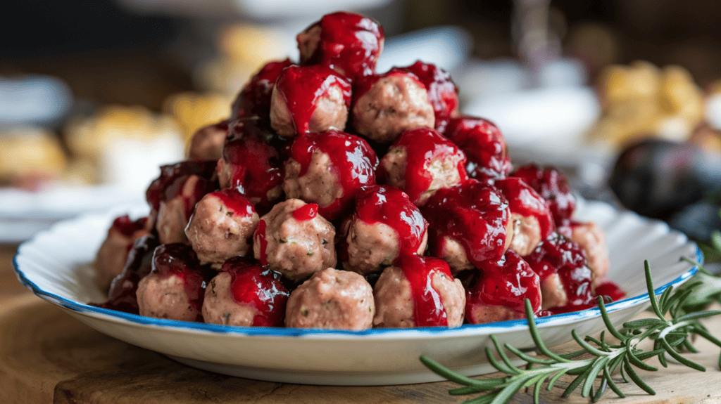 A plate of mini turkey meatballs completely coated in cranberry sauce. The meatballs are small and round, and they are piled high on the plate. The cranberry sauce is bright red and glossy, completely covering the meatballs. The plate is white and is placed on a wooden surface. There is a sprig of fresh rosemary beside the plate. The background is blurred and contains other dishes.