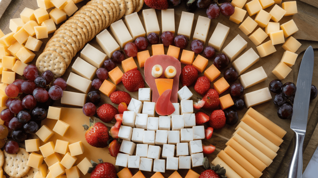 A turkey-shaped cheese board. The turkey is made of a variety of cheeses. There are also crackers, cheese cubes, and some fruit (grapes and strawberries) arranged in a turkey pattern. The background is a wooden board and there's a knife next to the turkey.