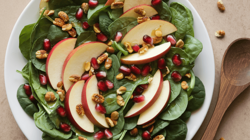 A seasonal fall salad on a white plate. The salad is made of baby spinach, thinly sliced apples, pomegranate seeds, and spiced pepitas. The apples are randomly arranged within the salad. It has an apple cider vinegar, olive oil, and Dijon dressing on it. There is a wooden spoon next to the salad. The background is a beige surface.